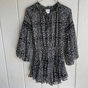 MISA Los Angeles Genette Chiffon Floral Mini Dress Long Sleeve in Black Size S